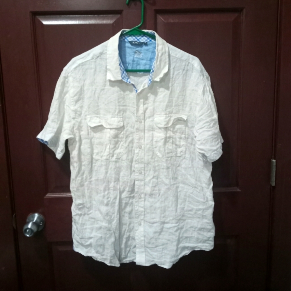 Bohio 100% linen white short sleeve button up shirt size XL